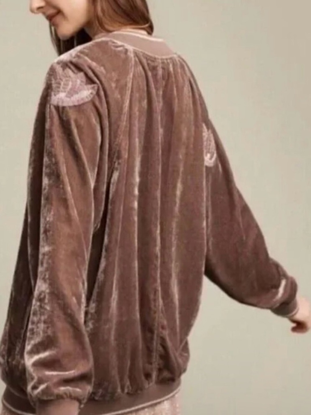 Anthropologie HEI HEI Bird Embroidered Velvet Bomber Mauve Jacket Size XL - Picture 2 of 14